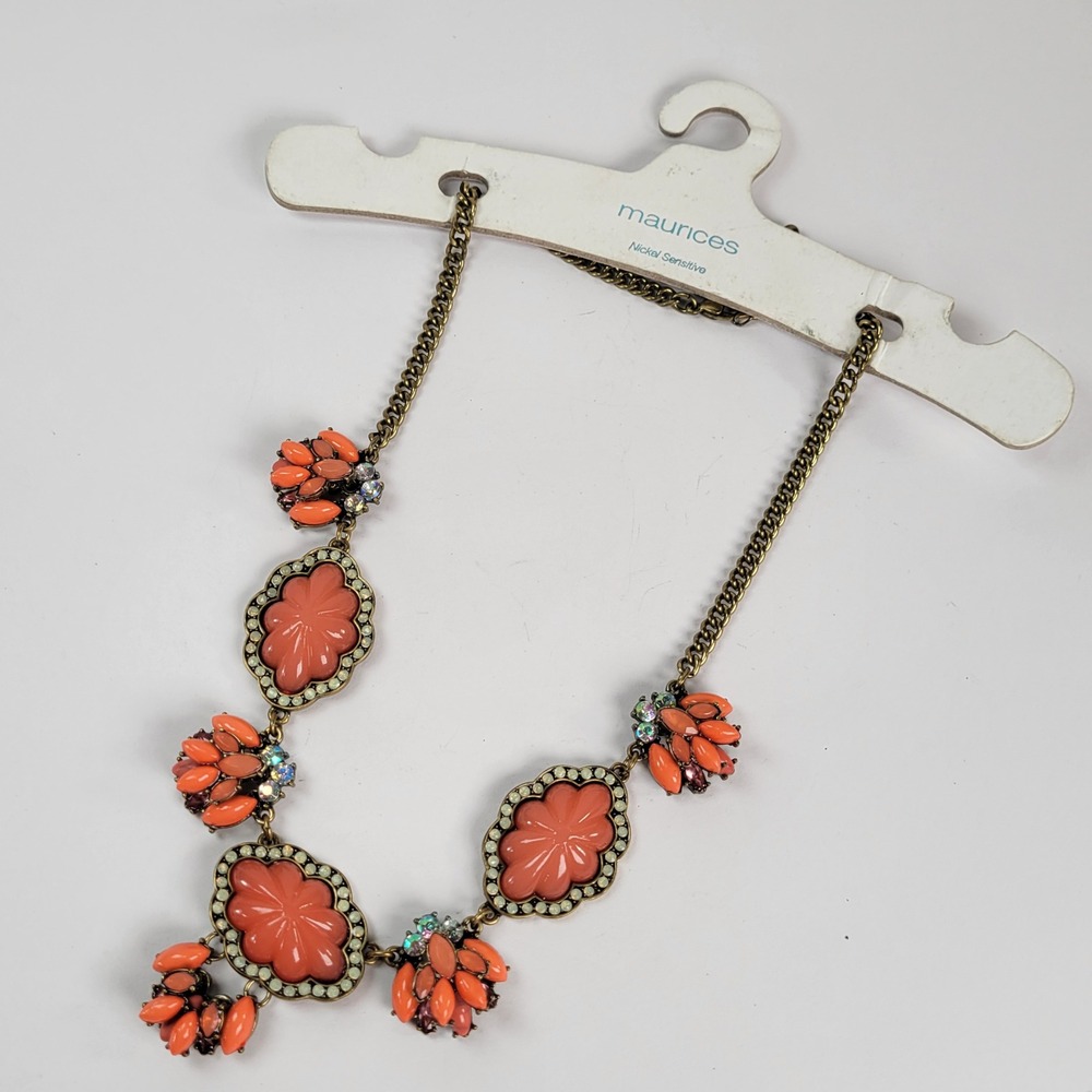 Maurices Coral Statement Necklace Pink Orange Floral Bib Antiqued Brass
